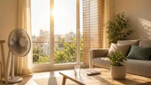 Salon baigné de soleil avec ventilateur pendant une forte chaleur
