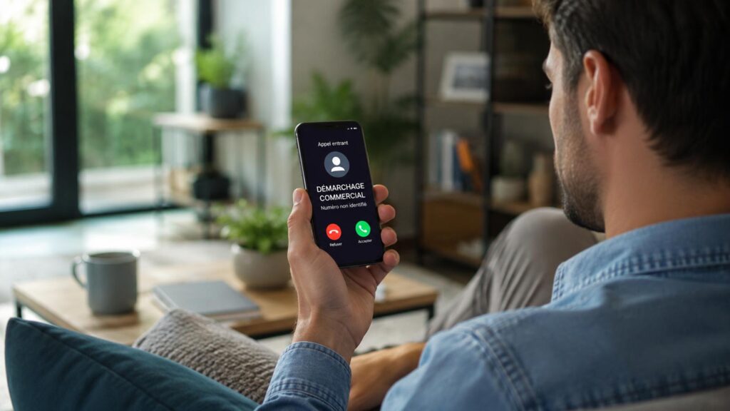Homme refusant un appel commercial indésirable sur son smartphone