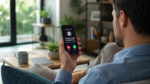 Homme refusant un appel commercial indésirable sur son smartphone