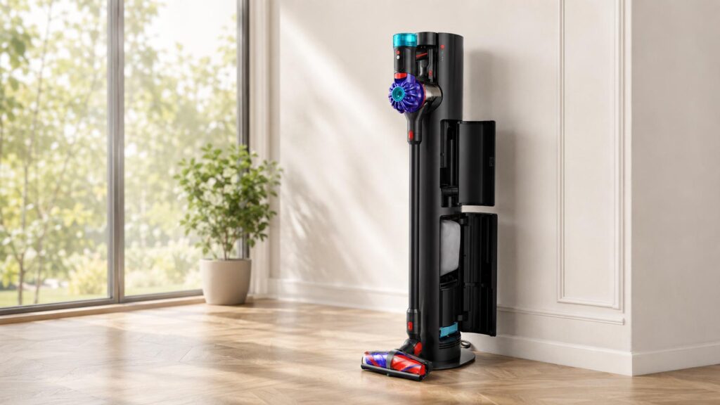 Dyson V10 Konical installé sur sa station de vidange automatique