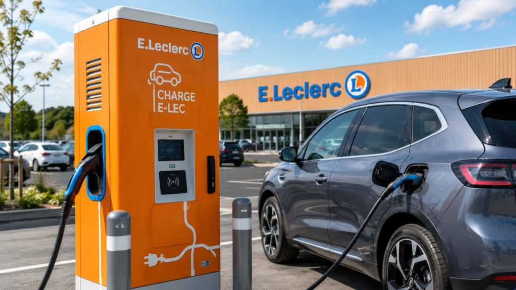 Borne de recharge électrique E.Leclerc reliée à une voiture sur le parking d’un magasin