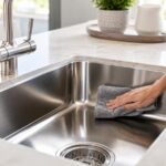 Nettoyage d’un évier en inox avec un chiffon