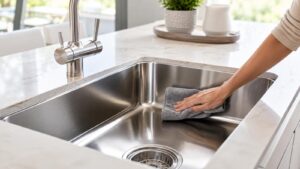 Nettoyage d’un évier en inox avec un chiffon