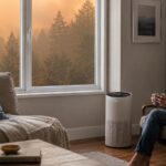Salon avec purificateur d’air face à des fumées de feu de forêt visibles à l’extérieur