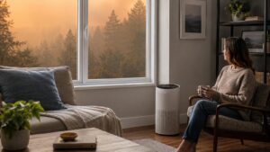 Salon avec purificateur d’air face à des fumées de feu de forêt visibles à l’extérieur