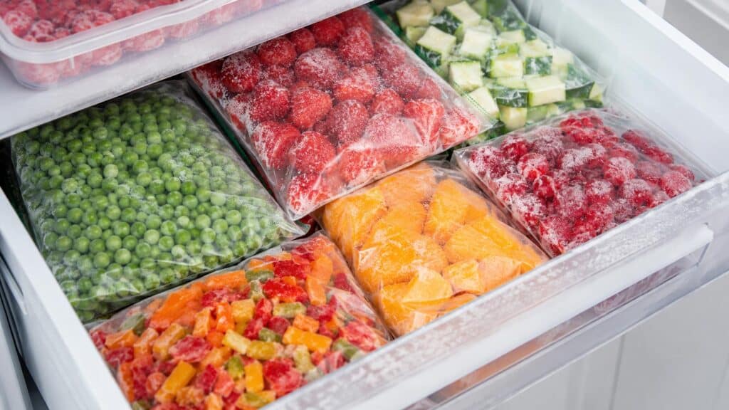 Fruits et légumes surgelés rangés dans un tiroir de congélateur