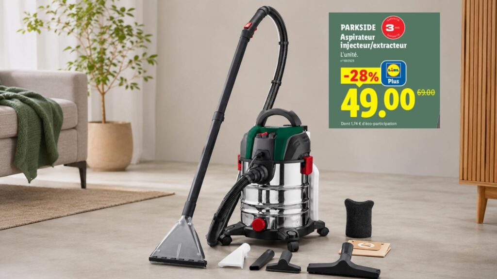 Aspirateur injecteur-extracteur Parkside de Lidl avec ses accessoires dans un salon