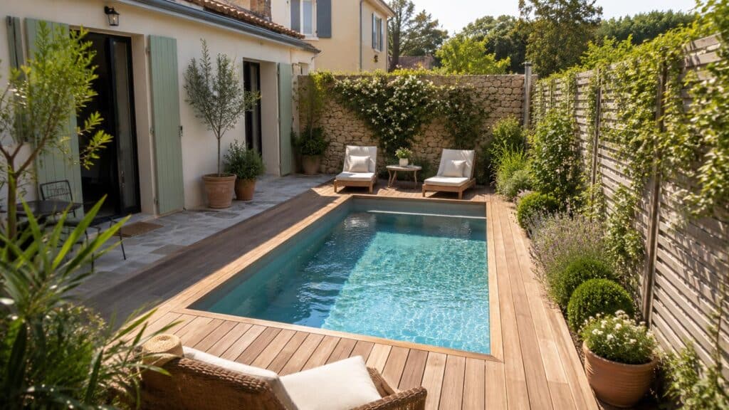 Mini-piscine rectangulaire aménagée dans un petit jardin