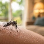 Moustique posé sur la peau à l’intérieur d’un logement