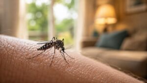 Moustique posé sur la peau à l’intérieur d’un logement