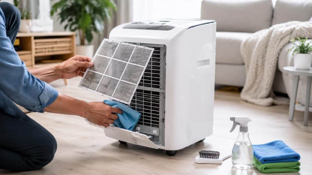 Nettoyage du filtre d’un climatiseur mobile dans un salon pour améliorer la circulation de l’air.