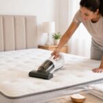 Femme nettoyant un matelas avec un aspirateur antiacariens