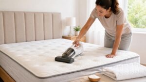 Femme nettoyant un matelas avec un aspirateur antiacariens
