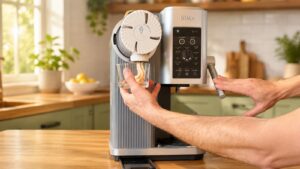 Machine à glace Ninja Creami Swirl préparant une glace à l’italienne maison dans une cuisine