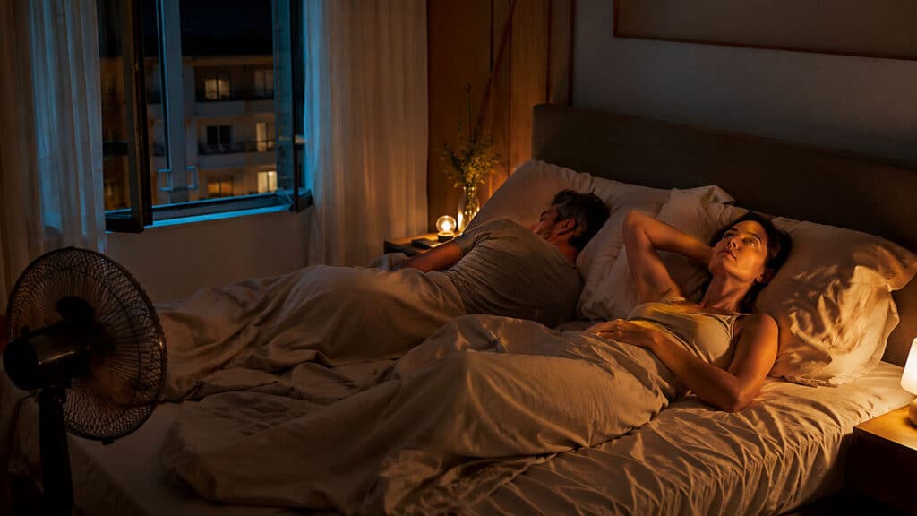 Canicule et sommeil perturbé. Image créée par ChatGPT