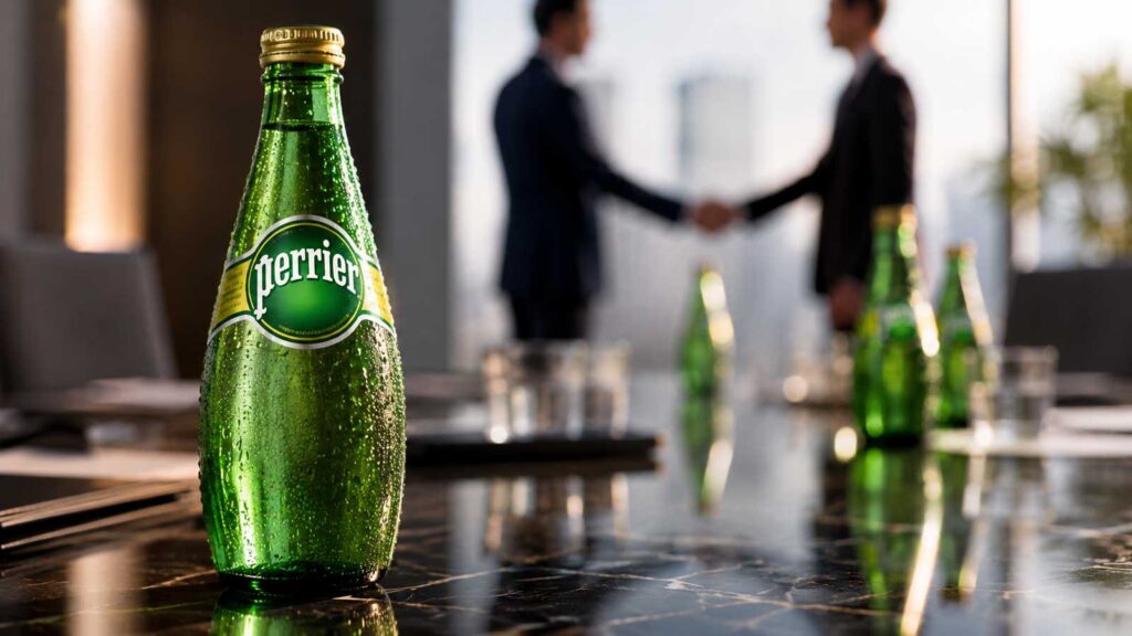 Bouteille de Perrier illustrant la cession des eaux Nestlé, dont Perrier et Vittel