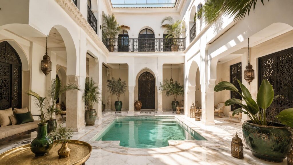 Intérieur lumineux d’un riad avec patio central, bassin et décoration d’inspiration marocaine