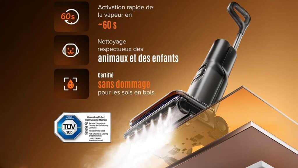 Diffusion de vapeur par le Roborock F25 Steam