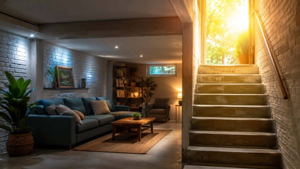 Sous-sol aménagé et frais pendant une canicule, avec un escalier baigné de soleil