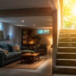 Sous-sol aménagé et frais pendant une canicule, avec un escalier baigné de soleil