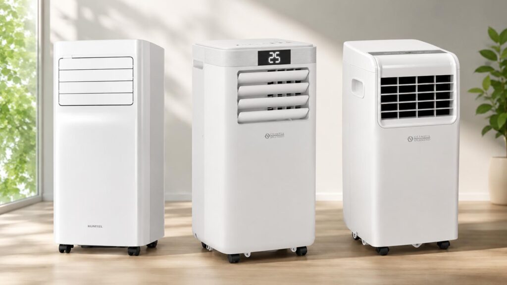 Trois climatiseurs mobiles alignés dans salon