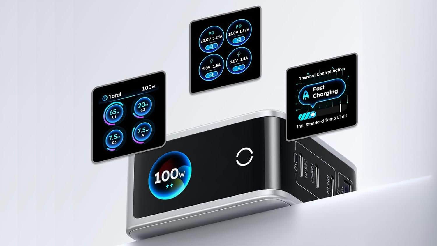 Écran intelligent du chargeur UGREEN Nexode Pro 100W affichant les informations de charge en temps réel