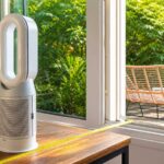 Ventilateur sans pales placé à un mètre d'une baie vitrée ouverte