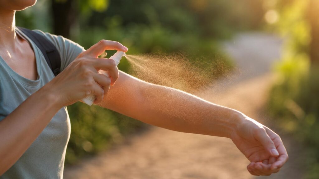 Personne appliquant un spray anti-moustique sur son bras en extérieur