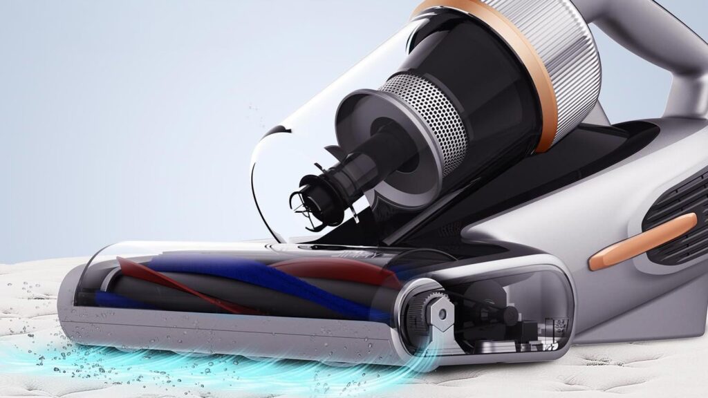 Aspirateur antiacariens nettoyant un matelas à sec