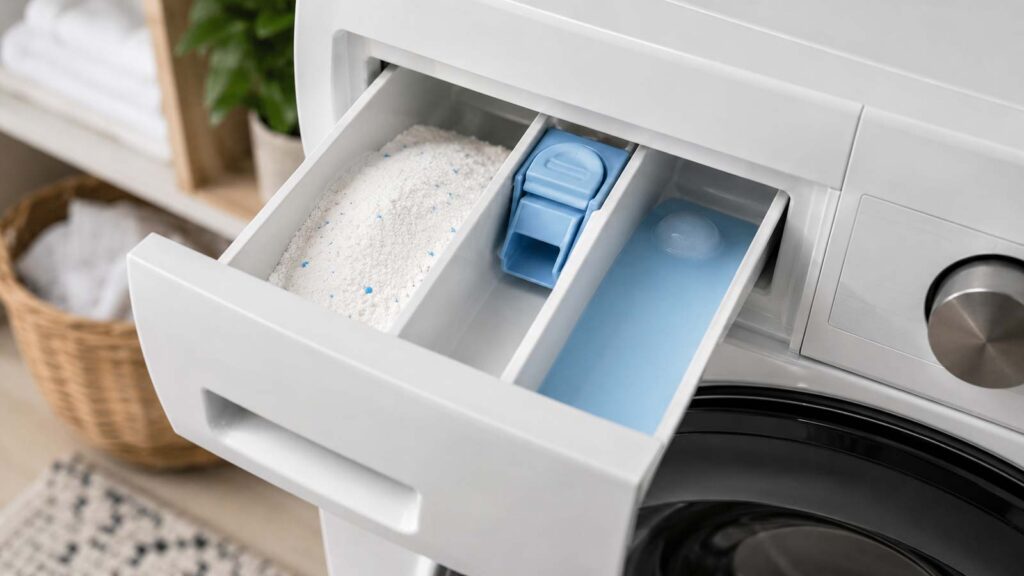 Tiroir à lessive d’un lave-linge ouvert avec ses trois compartiments pour le prélavage, la lessive principale et l’adoucissant.