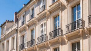 Façade d’immeuble français avec fenêtres et volets au soleil