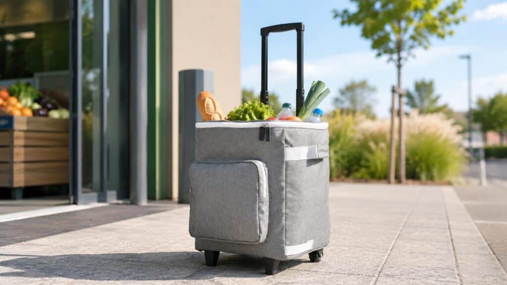 Chariot de courses isotherme Lidl rempli de provisions devant un magasin