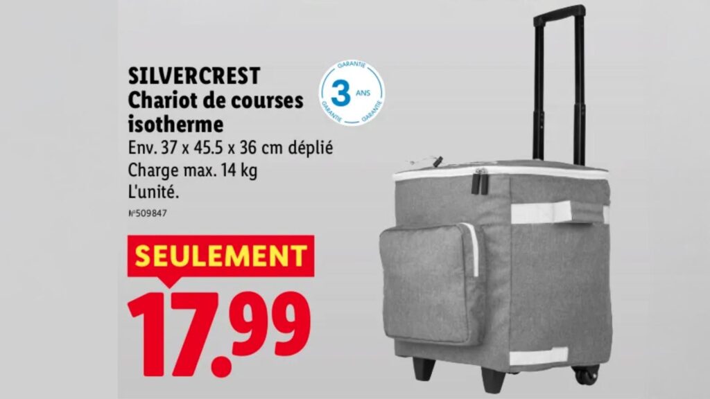 Chariot de courses isotherme Lidl affiché à 17,99 euros dans le catalogue