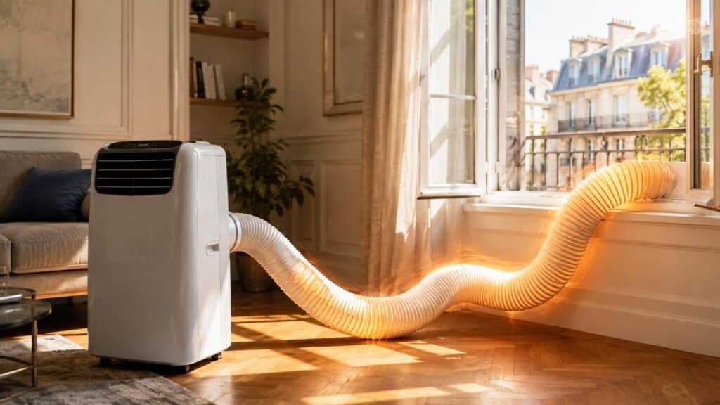 Climatiseur mobile dans un salon avec une longue gaine d’évacuation courbée reliée à une fenêtre ouverte