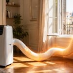 Climatiseur mobile dans un salon avec une longue gaine d’évacuation courbée reliée à une fenêtre ouverte