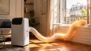 Climatiseur mobile dans un salon avec une longue gaine d’évacuation courbée reliée à une fenêtre ouverte
