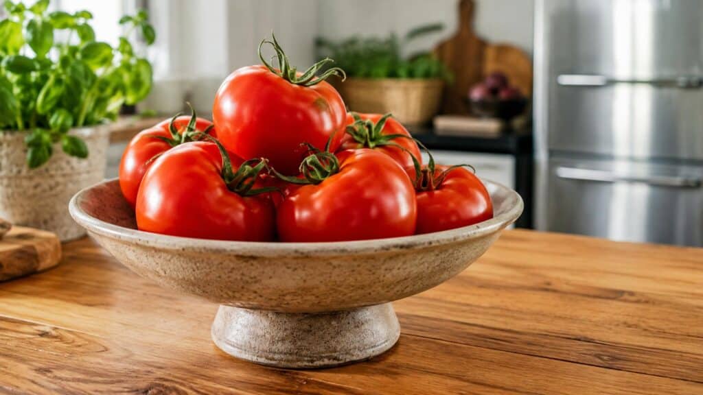 Tomates rouges conservées dans un compotier à température ambiante