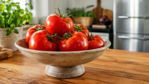 Tomates rouges conservées dans un compotier à température ambiante