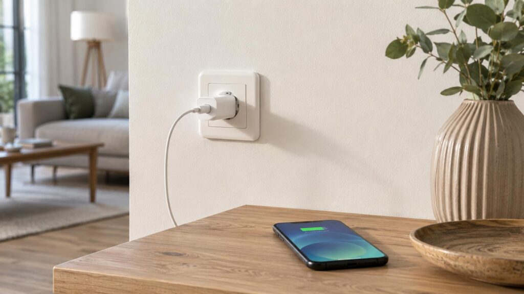 Chargeur de smartphone branché à une prise murale dans un salon, avec téléphone posé sur une table en bois.