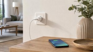 Chargeur de smartphone branché à une prise murale dans un salon, avec téléphone posé sur une table en bois.