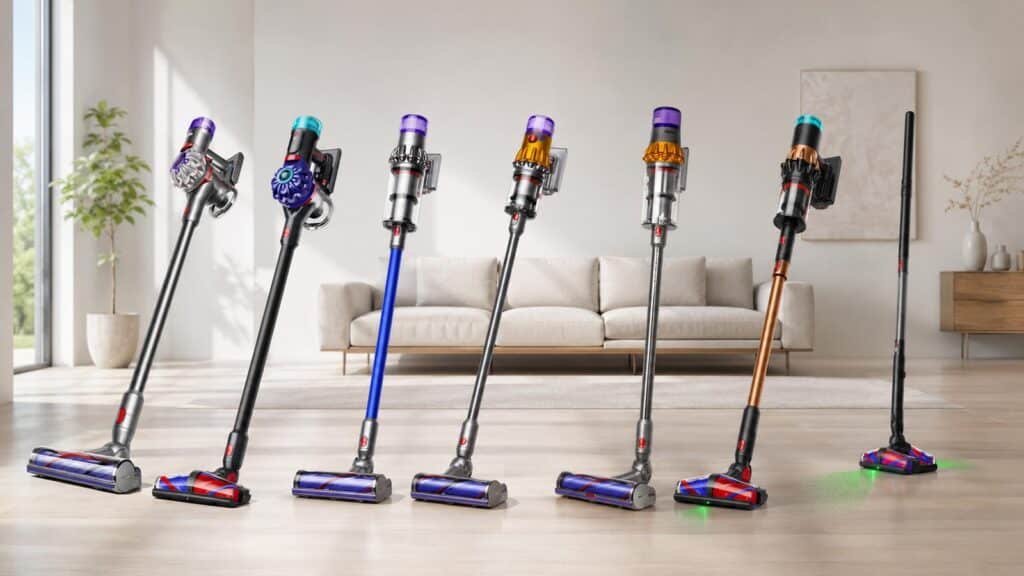 Les aspirateurs-balais Dyson de la gamme V8 à V16 réunis dans un salon