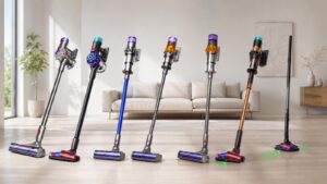 Les aspirateurs-balais Dyson de la gamme V8 à V16 réunis dans un salon