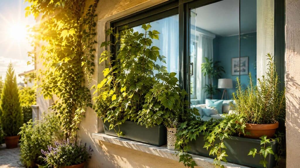 Jardinières placées devant une fenêtre pour limiter la chaleur