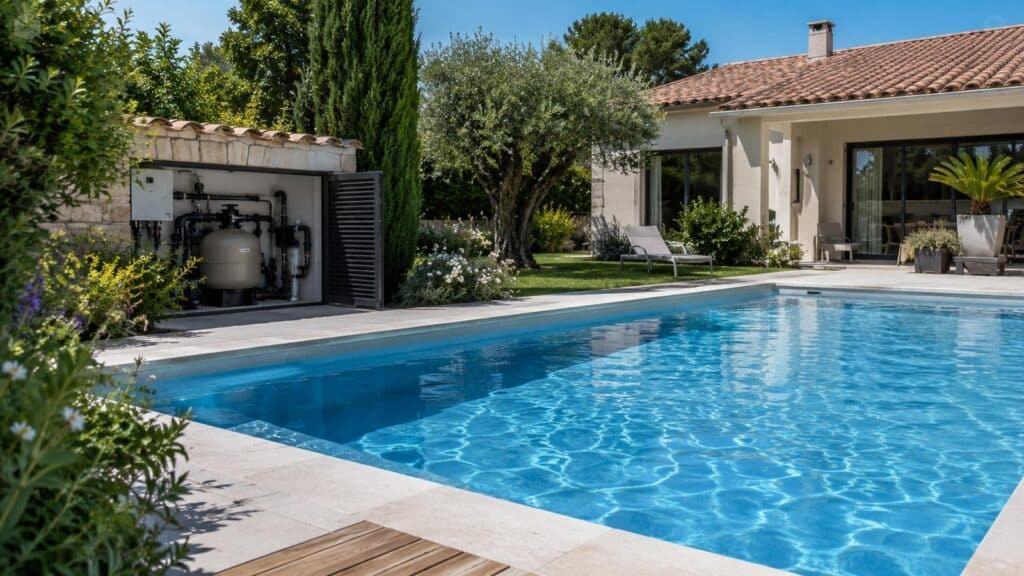 Piscine extérieure d’une maison avec local technique de filtration visible sur le côté