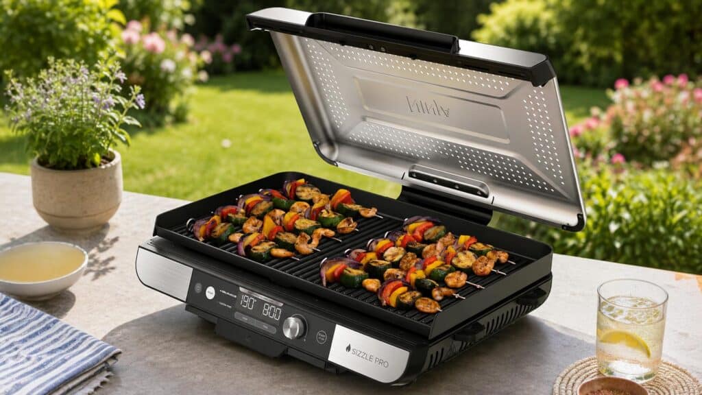 Plancha Ninja Sizzle Pro XL en train de cuire des brochettes sur une table au jardin