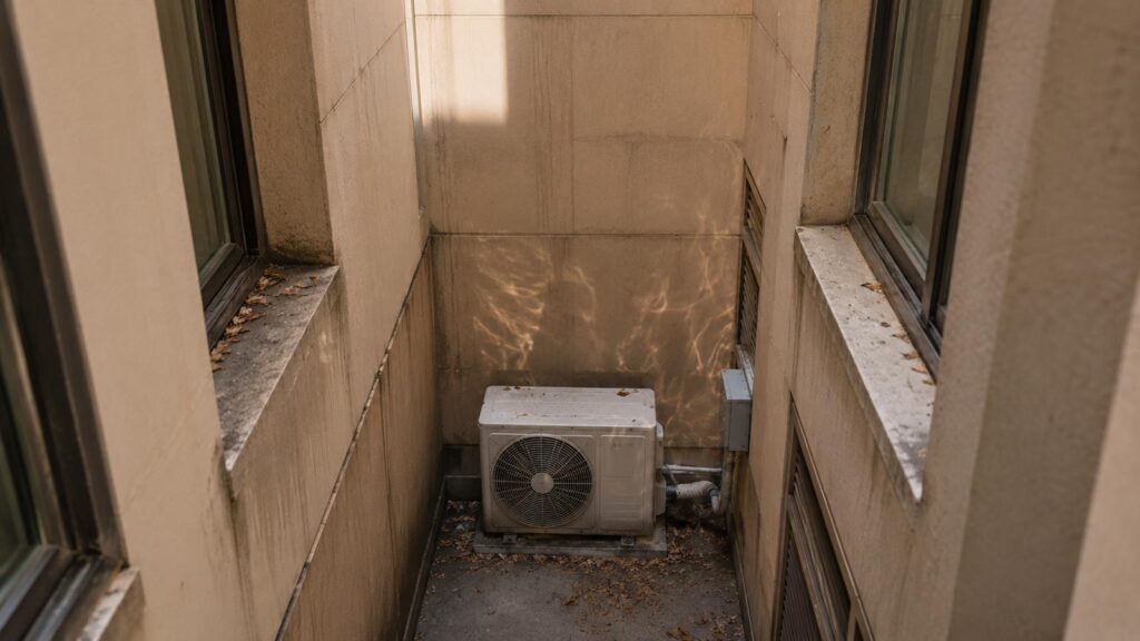 Unité extérieure de climatisation installée au fond d’une cour intérieure étroite