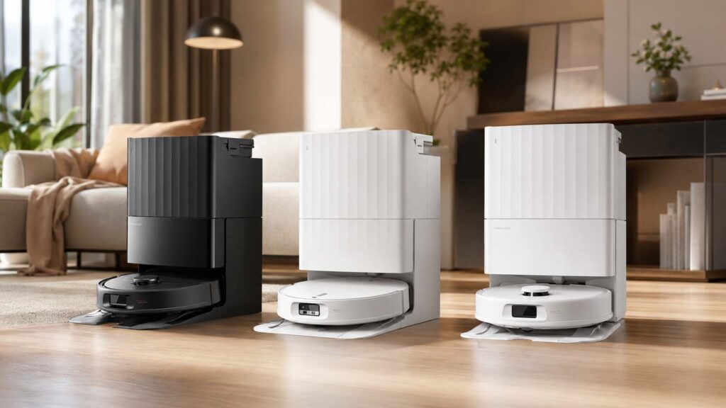 Trois aspirateurs robots Roborock avec leur station dans un salon