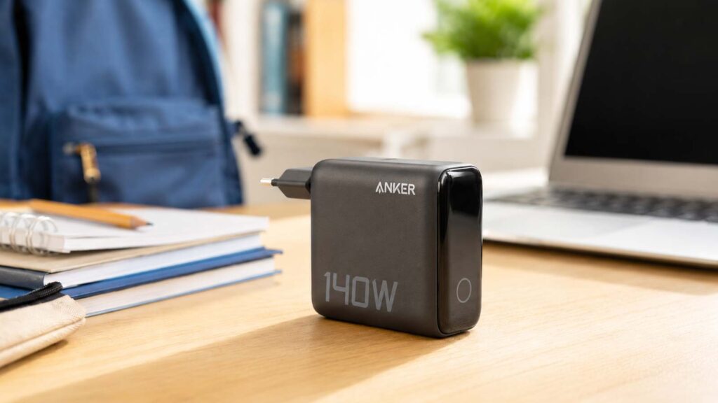 Chargeur Anker Zolo 140W sur un bureau pour la rentrée