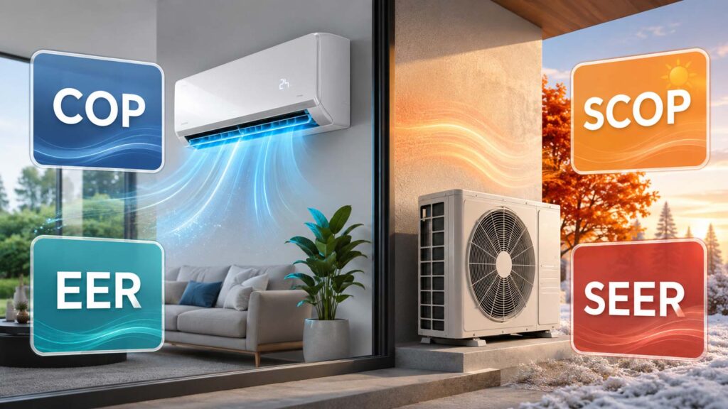 Climatisation avec indicateurs COP, SCOP, EER et SEER