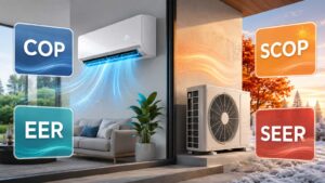 Climatisation avec indicateurs COP, SCOP, EER et SEER